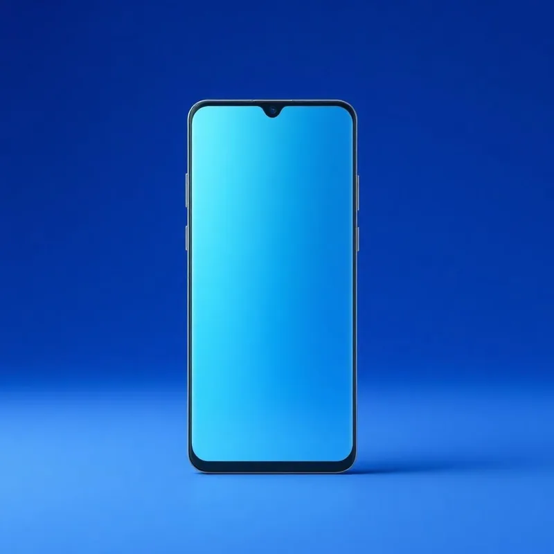 Samsung Galaxy A15 front view of the handset with the screen on, studio lit on a midnight indigo backdrop